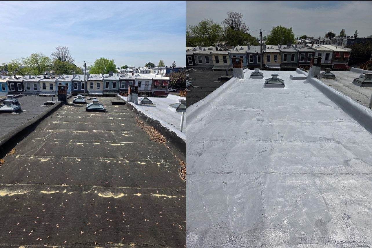 A before-and-after of a Baltimore-area rowhouse flat roof — a worn dark membrane renewed with a bright white coating.