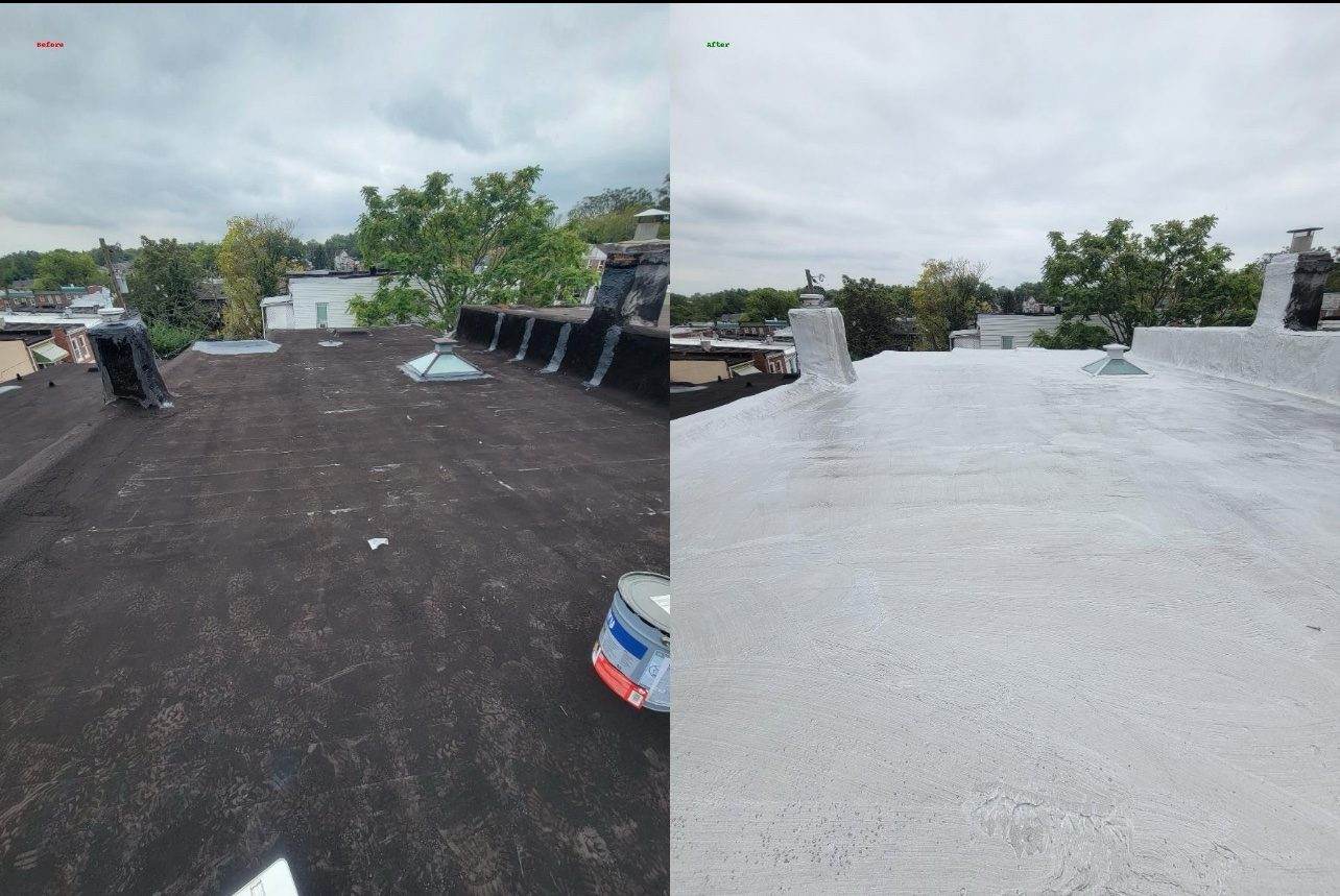 A before-and-after composite of a flat roof coating project on a Baltimore-area rowhouse — the dark, weathered surface recoated to a reflective white finish.