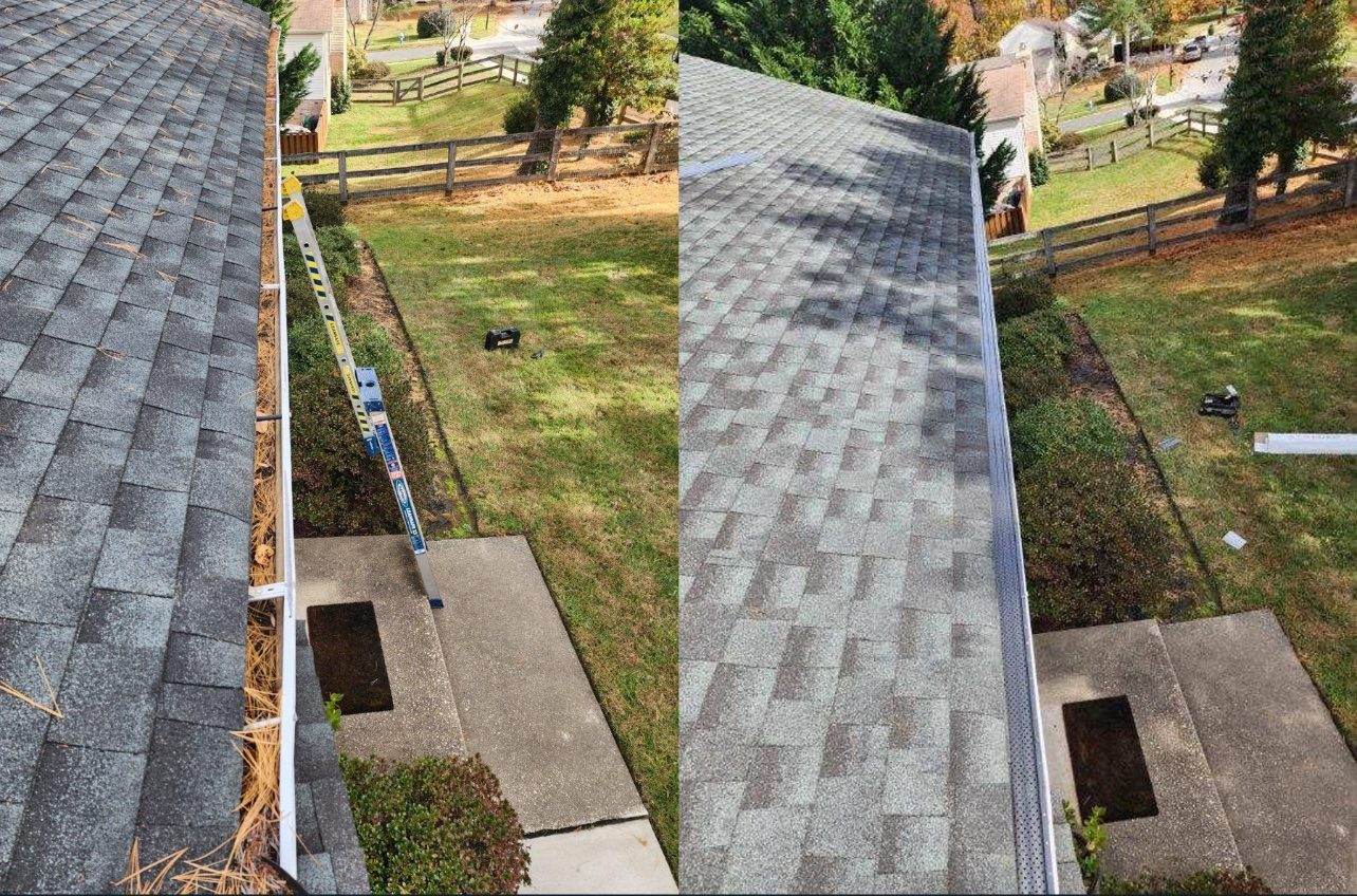Leaf-clogged gutter before/after with guards