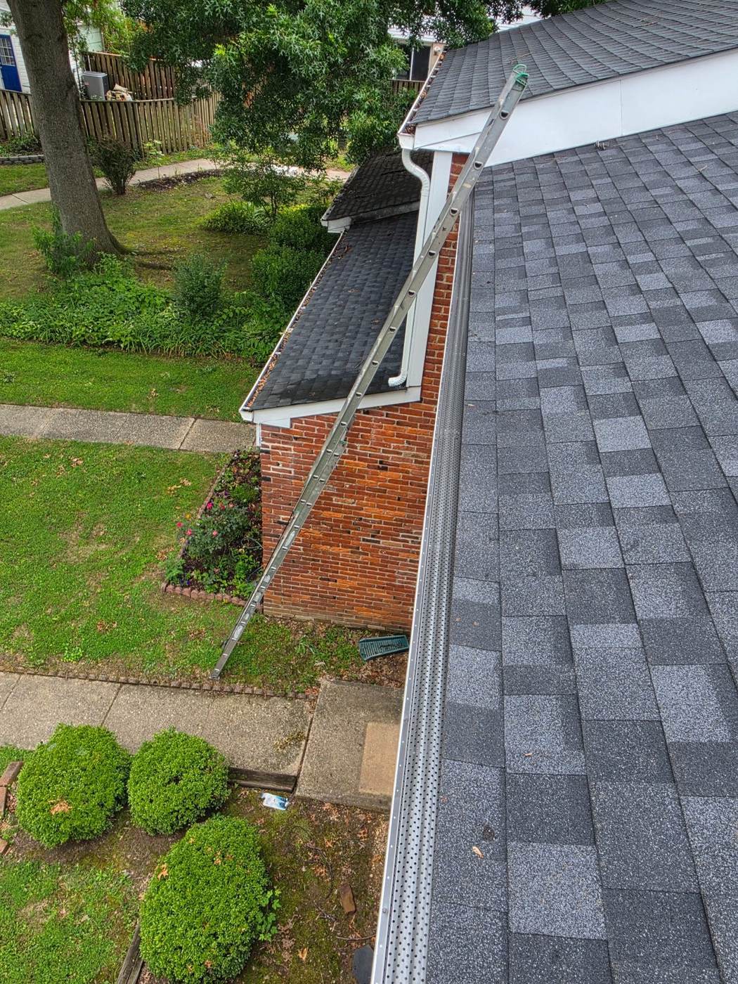 A gutter with a leaf guard installed, viewed from the rooftop — the finished look after installation.