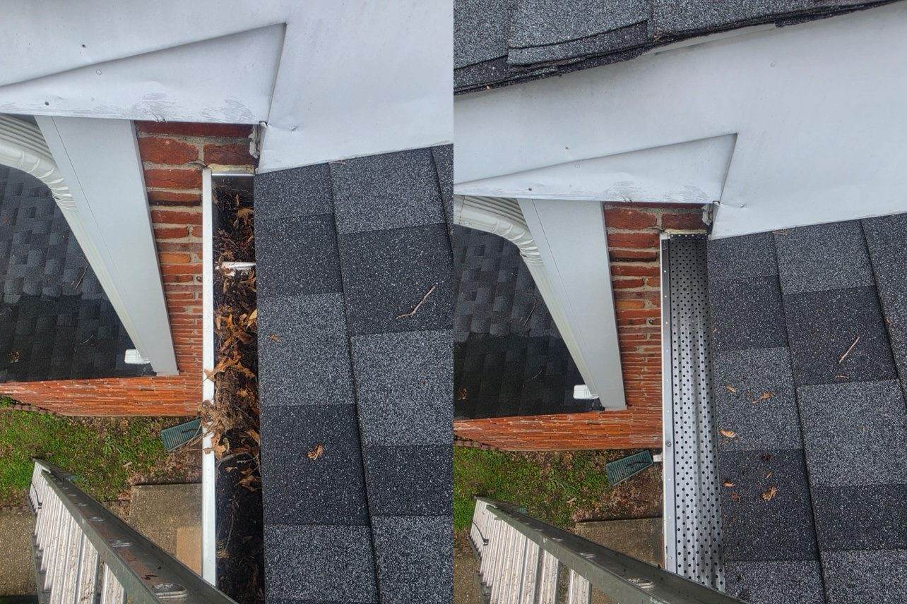 Before and after of a debris-filled gutter cleaned with gutter guards installed