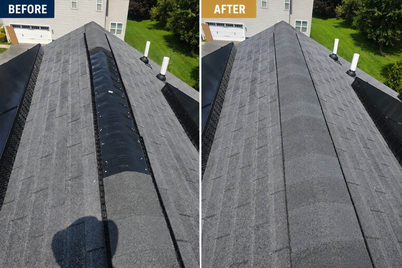 Before and after of a repaired roof ridge with new ridge cap shingles