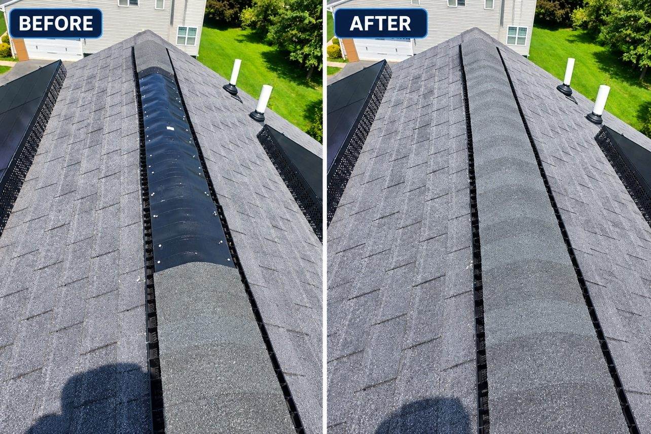 A before-and-after of a ridge vent repair — damaged ridge caps are a common wind-damage repair.