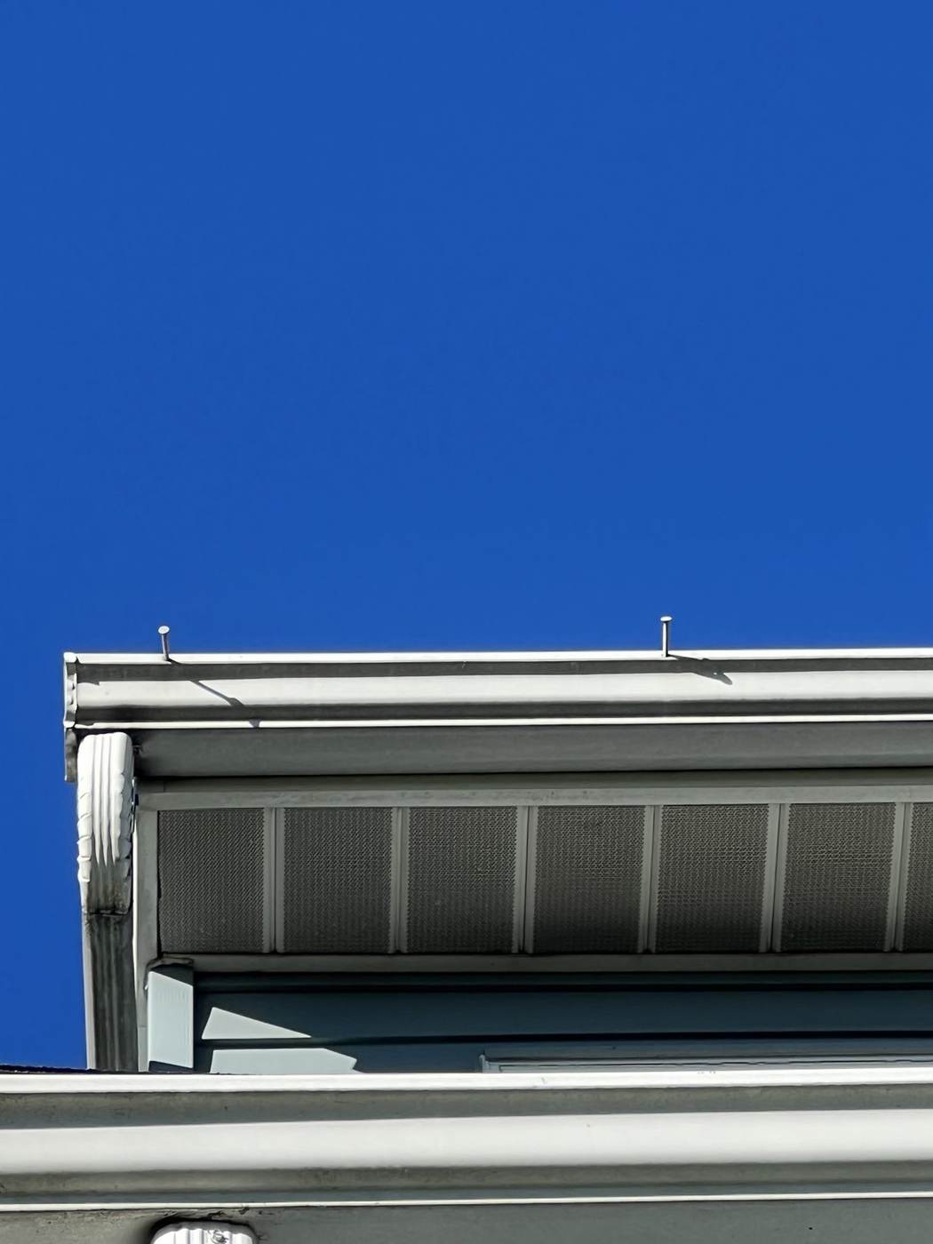 A repair-before view of popped gutter nails along the drip edge — every joint and fastener is a future leak point.