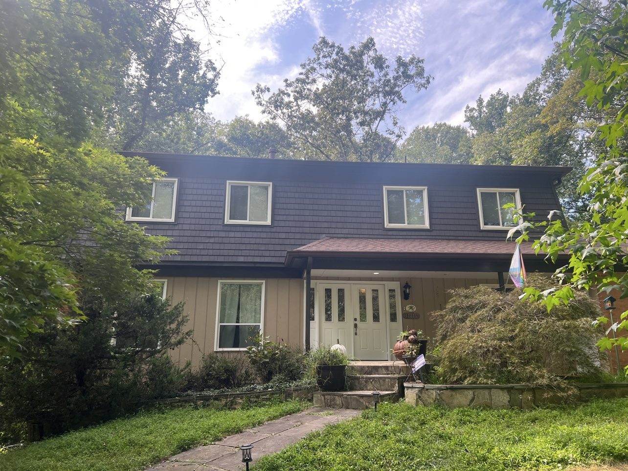 Algae-covered vinyl siding on a shaded wall — Maryland humidity causes this, and it usually needs a wash, not new siding.