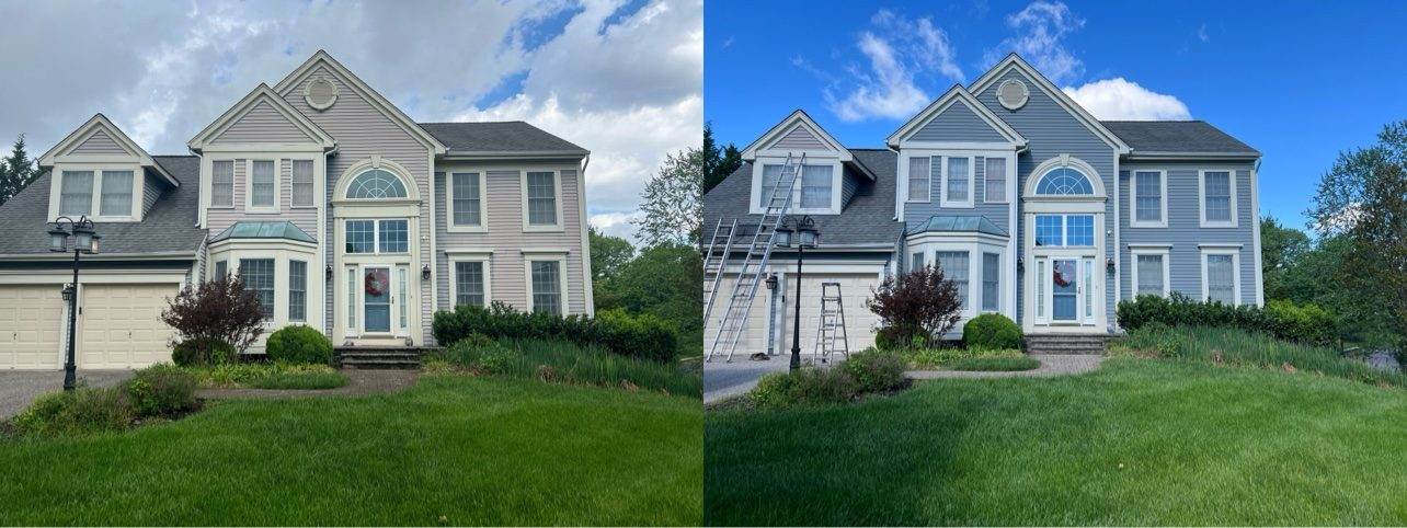 Before and after siding replacement on a colonial home — what a full residing looks like when repair isn't the answer.